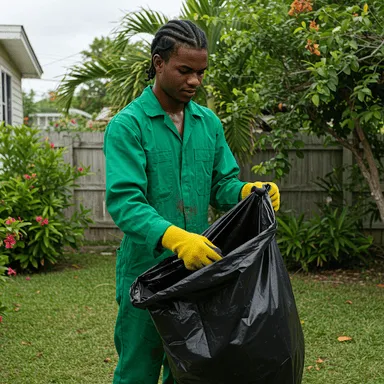 YardCutting worker bagging garden debris in Jamaica for garbage pickup