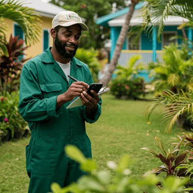 YardCutting team member assessing a residential yard in Jamaica for a free online quote