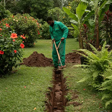 Digging a drainage trench in a Jamaican garden