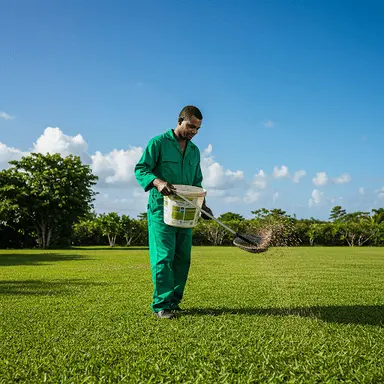 Applying fertilizer to a Jamaican lawn