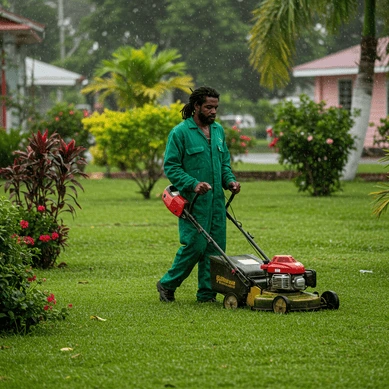 Worker mowing a lush lawn in Jamaica during rainy season