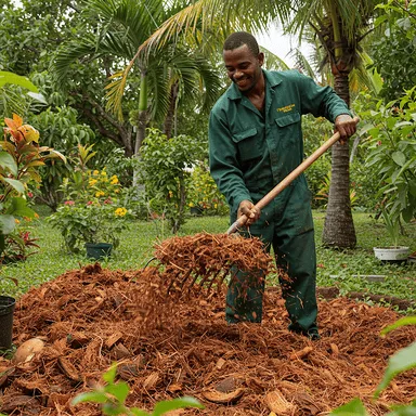 Mulching with coconut husk in a Jamaican garden
