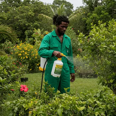 Spraying neem oil on plants in a Jamaican garden