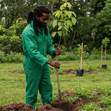 Planting a lignum vitae tree in a Jamaican yard