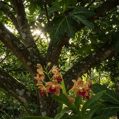 Orchids growing under a breadfruit tree in Jamaica