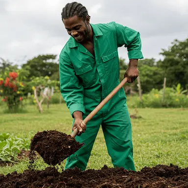 Adding compost to red clay soil in a Jamaican yard