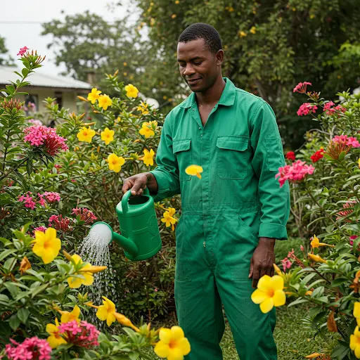 Watering a banana plant in Jamaica during dry spell