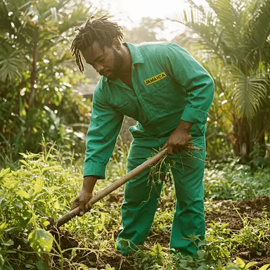 Hand pulling weeds from a Jamaican garden after rain
